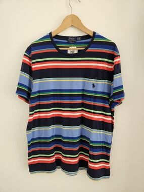 Polo Ralph Lauren Shirt Mens Extra Large Navy Multicolor Striped Pocket Tee